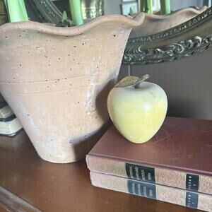 Vintage Polished‎ Marble Apple Paperweight with Brass Stem & Leaf Antique